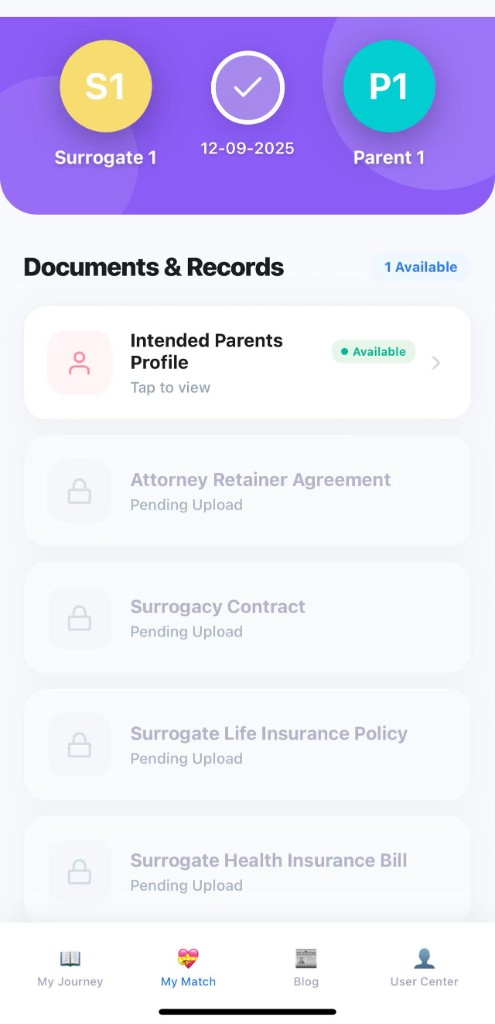 MySurro My Match screen with documents and records list